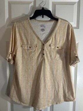 Croft & Barrow Yellow Herringbone Knit Henley Top Roll Tab Sleeves L